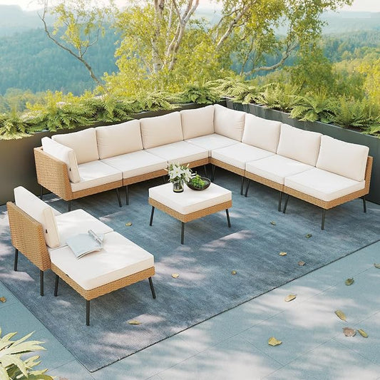 Aoxun 10 Piece Patio Furniture Set, 10 Seats Outdoor Sectional Sofas with Thick Cushion, Wicker Outdoor Patio Furniture Set with Ottomans for Party, Garden, Backyard, Beige