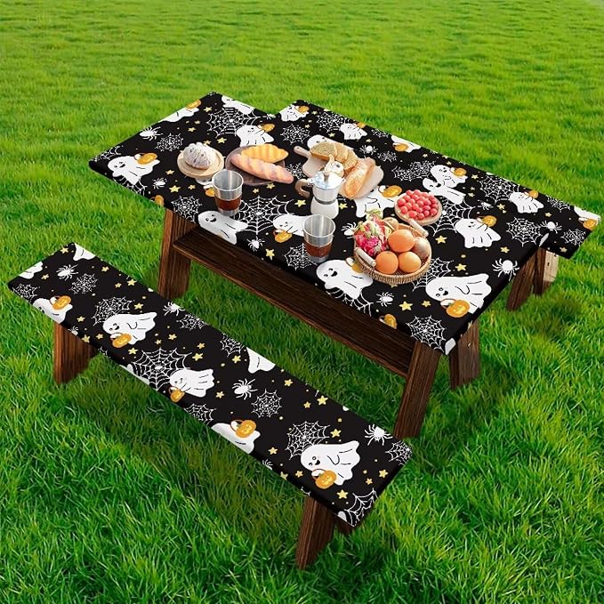 Ghost Table Cover with Bench Covers Washable Rectangle Table Cover Outdoor Patio Camping Essentials Halloween Picnic Table and Chair Decorative Cover