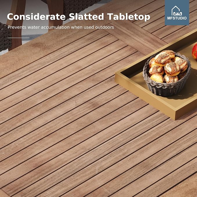 MFSTUDIO Teak Outdoor Dining Set for 6, Outdoor Wood Table and Chairs, Patio Expandable Dining Table with Rattan Chairs, 7 Pieces Wood Outdoor Patio Dining Furniture Set