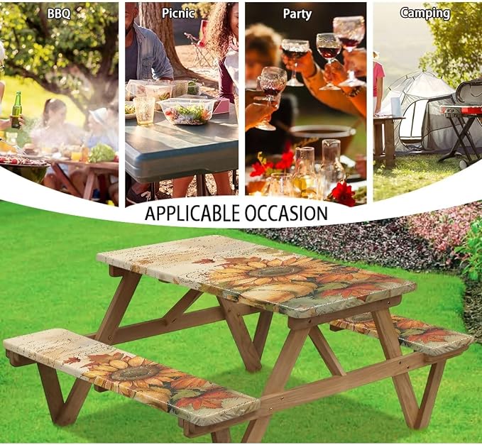 Sunflower 3 Pcs Picnic Table Cover with Bench Covers 3 Piece Set 30 x 94 Inch Picnic Foldable Picnic Table and Bench Fitted Tablecloth Cover for Outdoor BBQ Holiday Party Camping