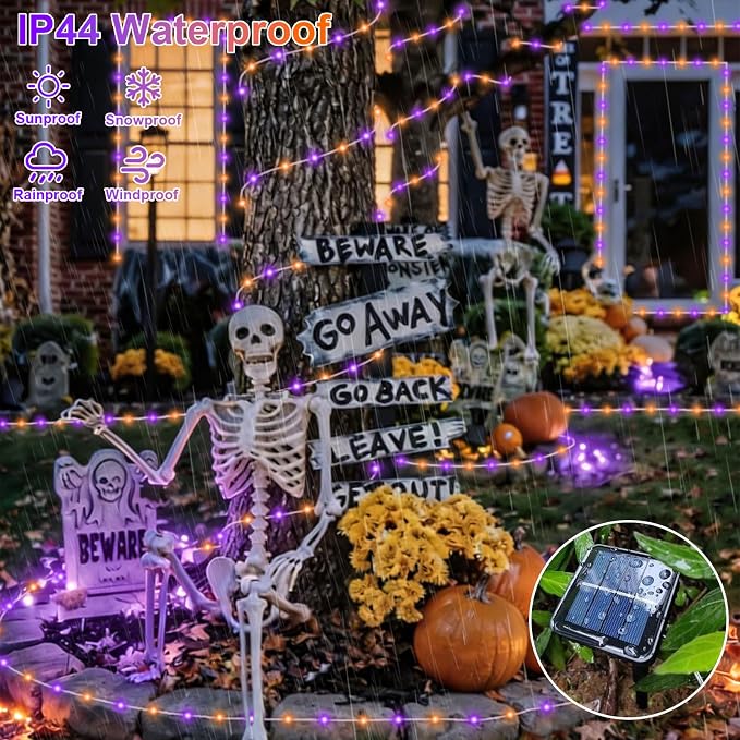 QITONG Orange and Purple Solar Halloween Lights, 66ft 200 LED Solar Rope Lights Outdoor Waterproof, 8 Modes Clear PVC Tube Light Outdoor Waterproof