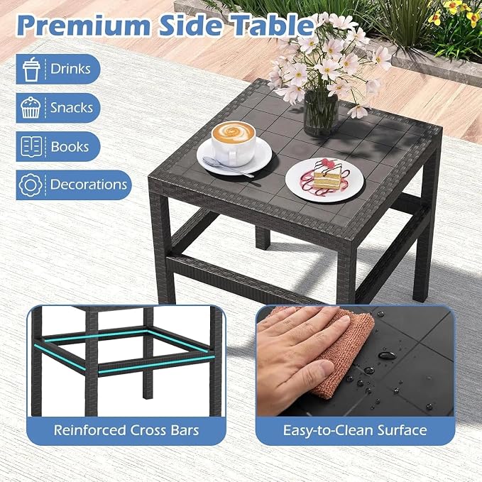 3 Piece Patio Furniture Set Outdoor Wikcer Conversation Set with 2 Rattan Armchair 25" Square Side Table for Courtyard Garden