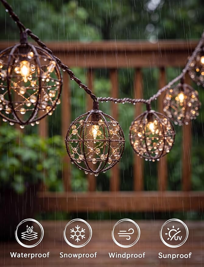 LED Outdoor Patio Lights, Beaded Copper Wire Ball Style Lantern Lights | 10 LED Wire Ball Light, 8.5FT Connectable Boho Lantern String Lights for Yard Garden Bistro Campings Porch Party Backyard