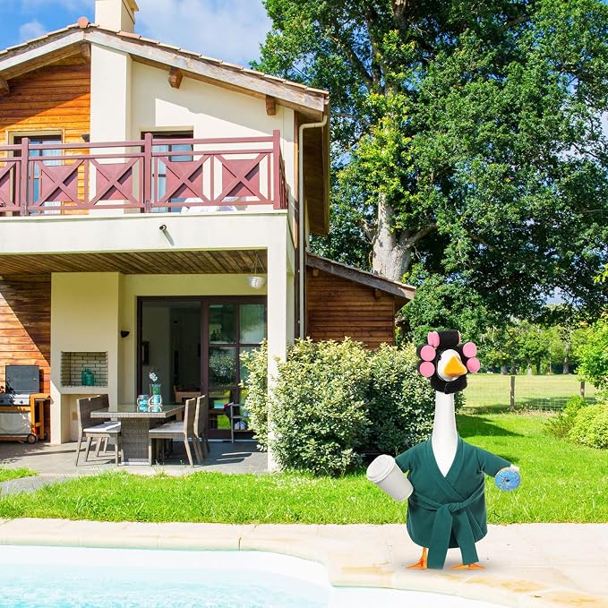 Shyyween Lady Porch Goose Outfit for 23 Inch Cement Plastic Statue Green Bathrobe Goose Clothes with Curlers Coffee Cup for Summer Lawn Garden Yard Patio Decor