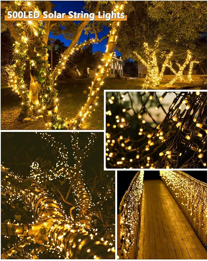 KAQ Solar String Lights Outdoor 2Pack 500LED 180FT Waterproof Warm White | 500LED Super Bright, 180FT Total Length, IP65 Waterproof, 8 Twinkle Modes with Memory, Auto On/Off, for Garden Yard Decor