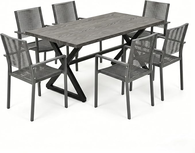 7 Piece Dining Table Set for 6, Aluminum Frame with Ultra Breathable Hollow Woven Rope Armchairs, Wood-Like Tabletop, for Dining Room, Kitchen, Garden, Backyard, Deck & Poolside,Gray