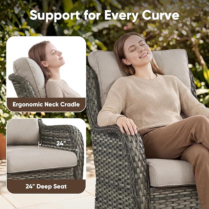 Belord Patio Furniture Set with Fire Pit Table, Outdoor Swivel Rocker Patio Chairs, Oversized Outdoor Sectional Couch, Two 3-Seater Sofas with Coffee Table, Ideal for Porch, Deck, Grey Wicker/Beige