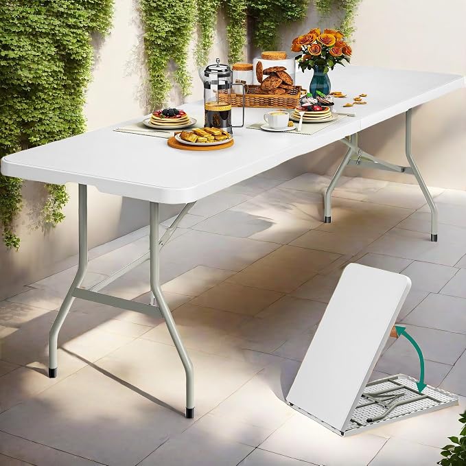 DWVO 8FT Folding Table, Heavy Duty Folding Tables with Carrying Handle, Plastic Fold up Table for Outdoor Camping Picnic Parties, Indoor Events, White