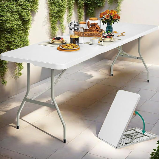 DWVO 8FT Folding Table, Heavy Duty Folding Tables with Carrying Handle, Plastic Fold up Table for Outdoor Camping Picnic Parties, Indoor Events, White