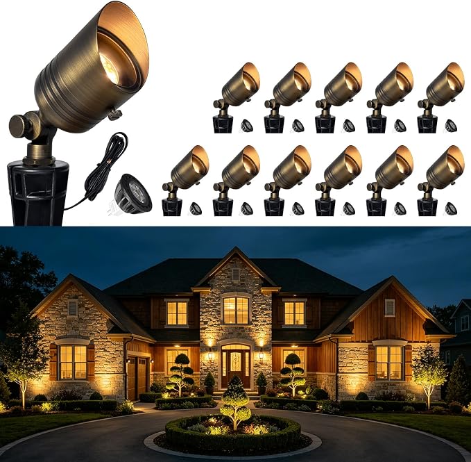 COLOER Brass Outdoor Spotlights,12V LED Low Voltage Landscape Lighting with 5W 2700K Aluminum MR16 Bulb, IP65 Waterproof Landscape Spot Lights for Yard,Garden,Tree, Small Size (12 Pack with Bulb)