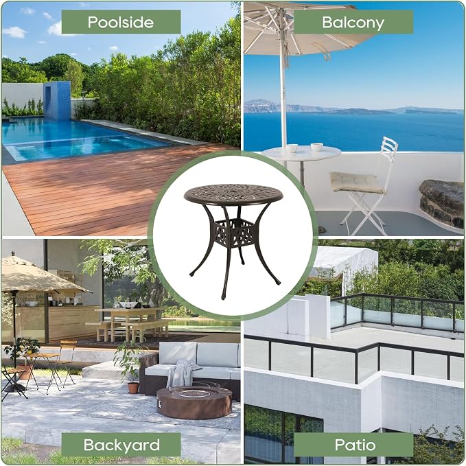 Patio Dining Table,Cast Aluminum Patio Table with Umbrella Hole, Outdoor Bistro Table for Backyard, Garden, Patio (31" Round Table)
