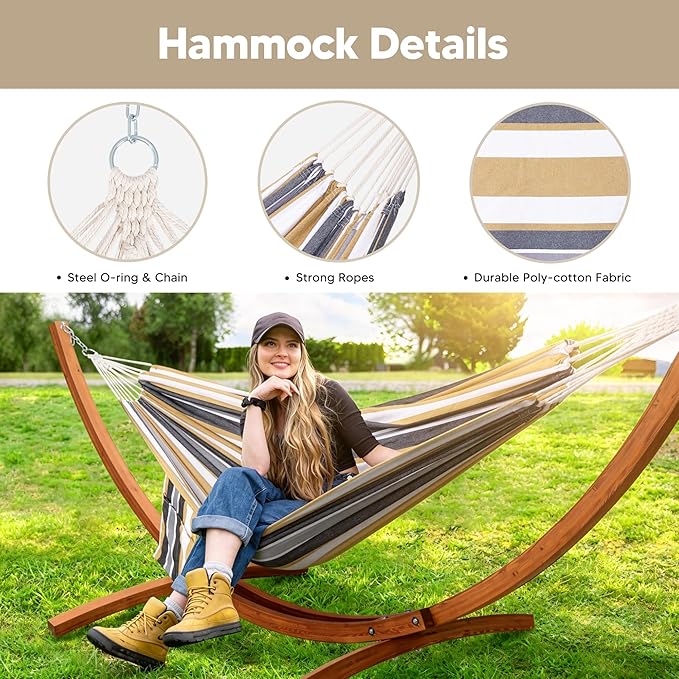 SUNCREAT Hammocks Freestanding Hammock with 10 ft Wooden Stand Included, Stand Alone Hammock for Outside, 475 lbs Capacity, Coffee