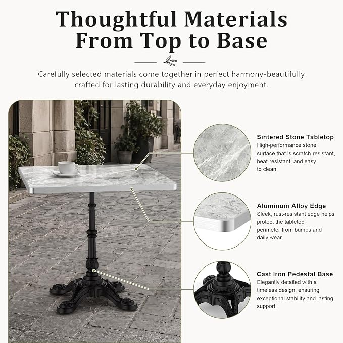31.5" Outdoor Dining Table, Square Bistro Table w/Sintered Stone Tabletop | and Cast Iron Base, Weather Resistant Anti-Rust Small Bistro Table for 2-4 for Outdoor Garden Café Use (Silver Gray)