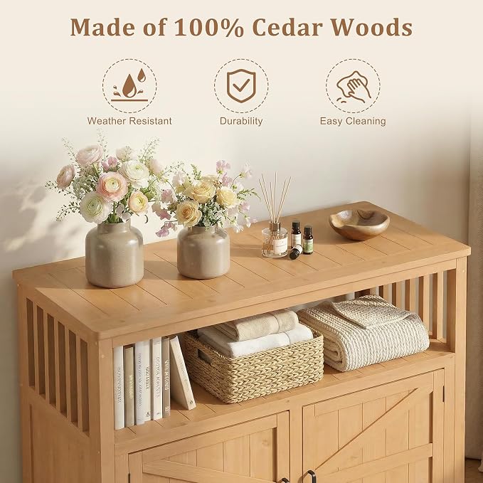 Mederlo Wooden Patio Bar Table with Storage, Cedar Outdoor Buffet Cabinet Sideboard, 42 x 18 x 37 in Serving Station with Double-Layer Tabletop for Patio, Deck, Backyard, Indoor