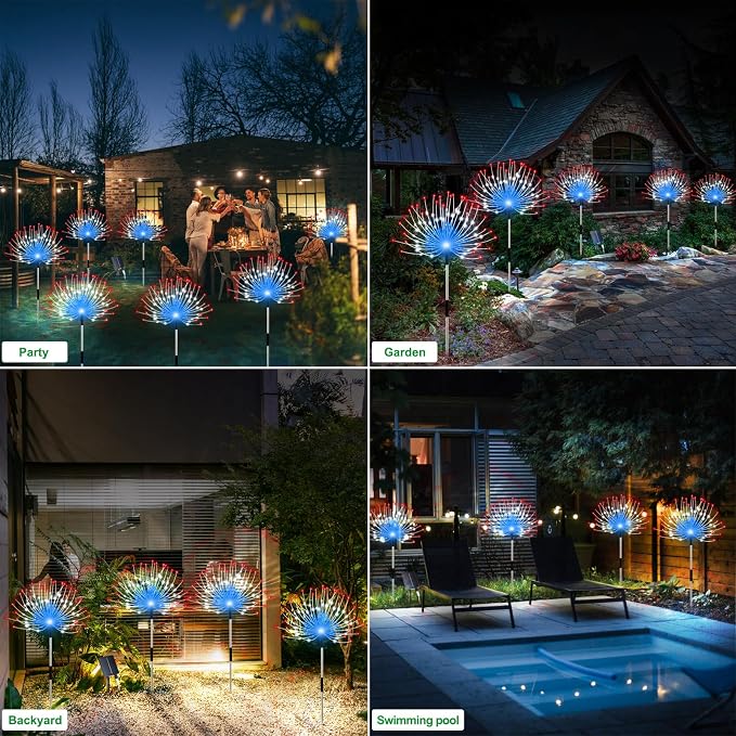 Slyuexu Solar Garden Lights Outdoor, 4 Pack Total 480 LED Solar Firework Lights Decorative 4th of July Decoration, Outdoor Waterproof Lights for Outside Yard Garden Pathway Decor