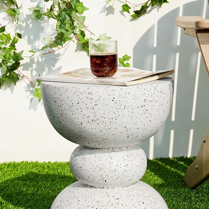 Glitzhome Outdoor Side Table, Round Accent End Table, Lightweight Faux Terrazzo Decorative Garden Stool, 17.25" H White Planter Stand for Patio Porch Balcony Living Room