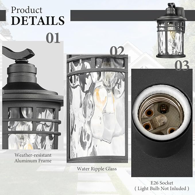 Darkaway 2pcs Large Outdoor Porch Lights Wall Mount, 15inch Outside Light Fixtures Sconces Wall Lighting with Water Ripple Glass Waterproof Exterior Lights for Patio Yard Garage