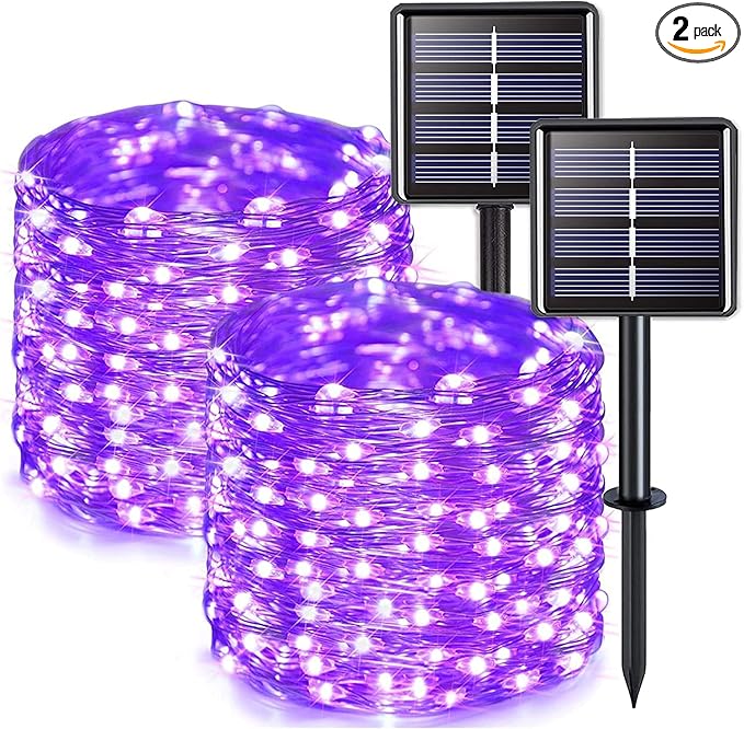 JMEXSUSS 2 Pack Solar Halloween Lights, 33FT 100 LED Purple Fairy Lights | Outdoor Waterproof, 8 Modes Solar String Lights for Outside Tree Party Patio Garden Christmas Halloween Decorations