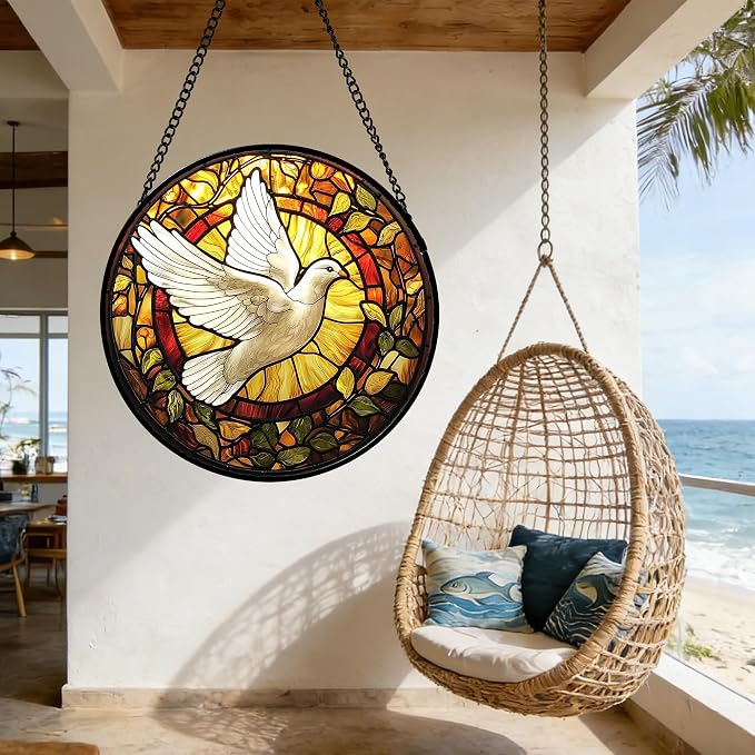 DASTOLL Stained Glass Window Hanging, Flying White Dove Sun Catchers Diamond Glass Panel Hangings Cute Birds Suncatcher Decor for Birthday for Women, Men, Wife, Aunt, and Mom 14.9 in