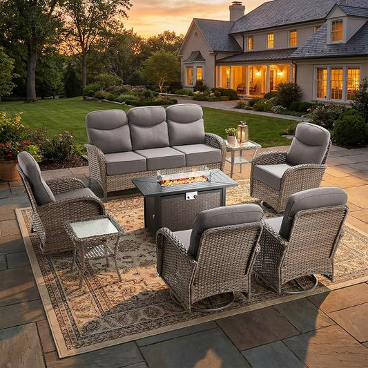 Luxury Patio Furniture Set with Fire Pit Table, Outdoor Furniture Set with High Back Swivel Chairs & 6-inch Thick Cushions, 8 PCS Fire Pit Patio Set for Yard, Deck, Poolside, Brown/Grey