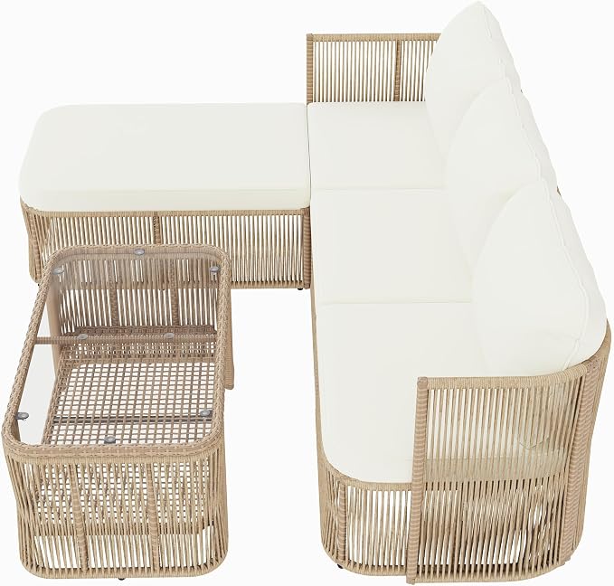 Merax 4-Piece Patio Furniture Set, L-Shaped Outdoor Wicker Modular Sectional Sofa with Thick Cushions and Glass Top Coffee Table, Rattan Patio Conversation Set for Backyard, Garden and Poolside, Beige