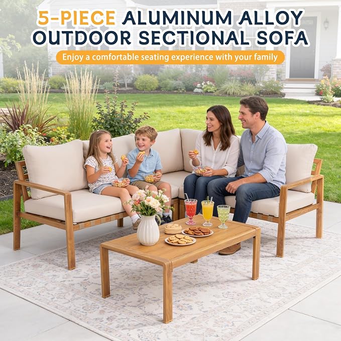 4-Piece L-Shaped Outdoor Patio Furniture Set, All-Aluminum Corner Sectional Sofa with Wood Grain Finish, Cushioned Seating & Plastic Wood Coffee Table, for Backyard & Balcony