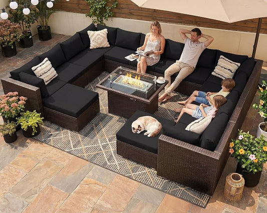 BULEXYARD 15 Piece Highback Wicker Patio Furniture Sets with Firepit, All-Weather Heavy Duty Outdoor Conversation Set Modular, Extra Deep Wide 14-Seats Sectional Couch Sofa for Backyard, Brown & Black