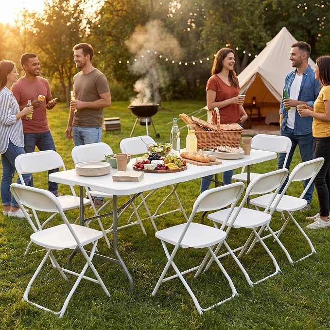 DUMOS 6 FT Folding Picnic Table Simple to Fold and Keep, 3.8 FT Foldable Table for Camping Dining Party Kitchen Picnic Outdoor Indoor with Carrying Handle