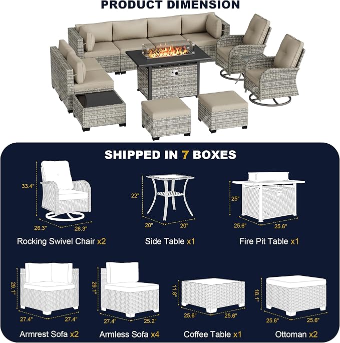 13-Piece Outdoor Patio Furniture Set with Rocking Swivel Chair, Wicker Rattan Sectional Sofa Conversation Set with 55,000 BTU Fire Pit Table with Ottomans, Backyard Furniture, Beige