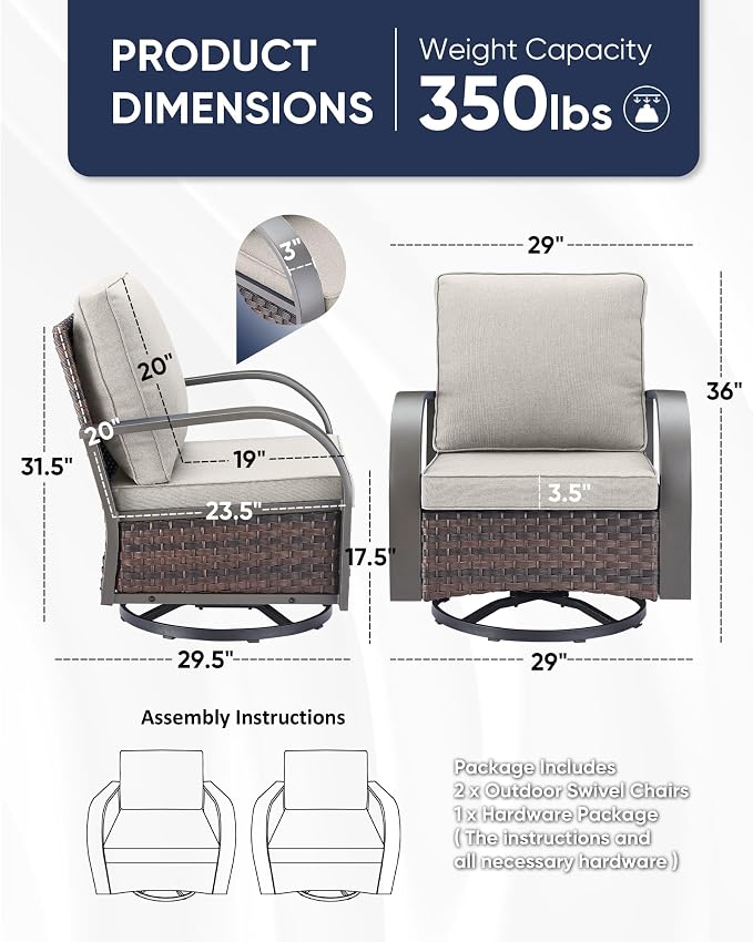 HUMMUH Patio Swivel Glider Wicker Chair, Brown and Beige | 360° swivel and glider motion, 3.5 in Olefin cushion, powder-coated steel frame, removable cover, for deck and porch