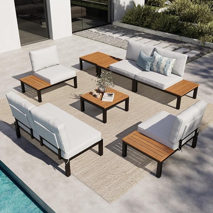 MFSTUDIO 7 Pieces Patio Furniture Set,Outdoor Metal Frame Patio Sectional Sofa Conversation Set with 2 Coffee Tables&Removable Cushion for Backyard,Garden,Poolside