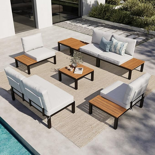 MFSTUDIO 7 Pieces Patio Furniture Set,Outdoor Metal Frame Patio Sectional Sofa Conversation Set with 2 Coffee Tables&Removable Cushion for Backyard,Garden,Poolside
