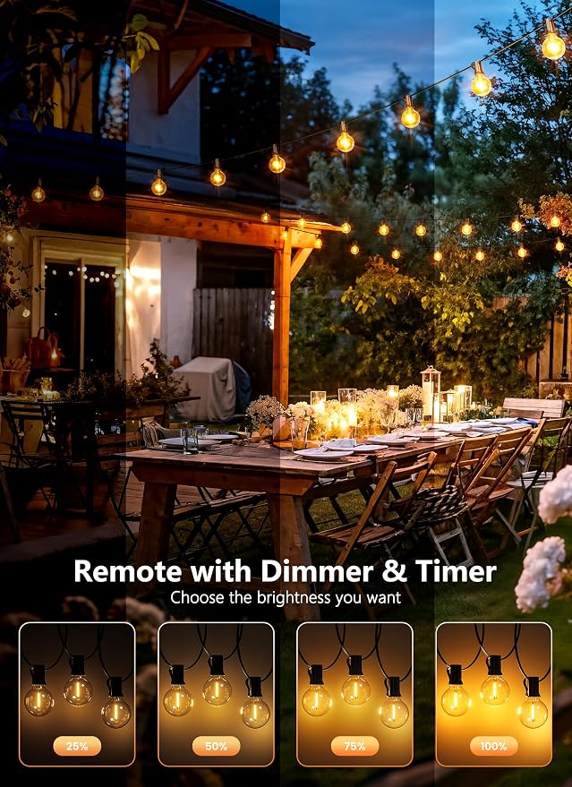 100Ft Outdoor String Lights with Remote, Dimmable G40 LED Bulbs, Waterproof | Shatterproof Connectable Hanging Patio Lights for Porch, Backyard, Bistro, Deck, Balcony, Home, Garden Decor