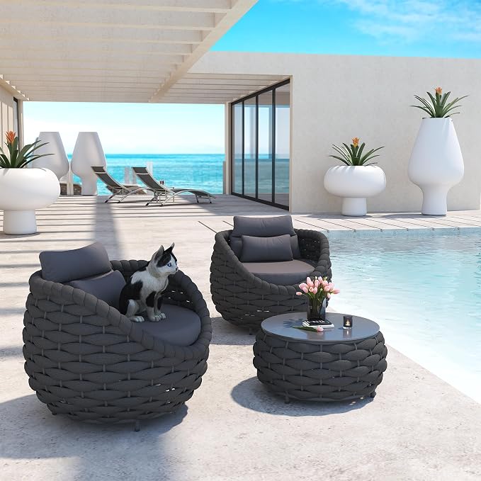 Conversation Set Aluminum Outdoor & Indoor Sofa Modern Patio Furniture Set with Soft Cushion and Coffee Table for Balcony Garden (Black)