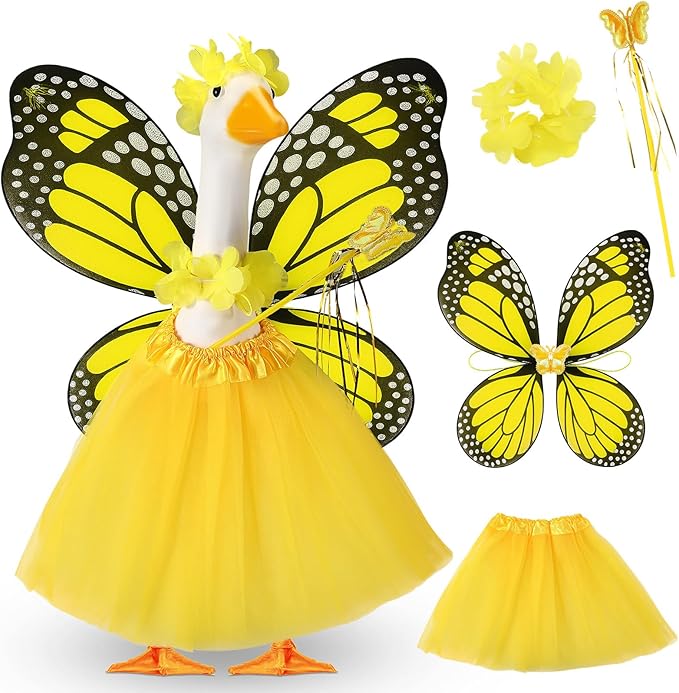 5pcs Butterfly Porch Goose Outfit Costume Tutu Skirt Butterfly Wing Wand Flower Crown for 17‘' 23‘' Cement Goose