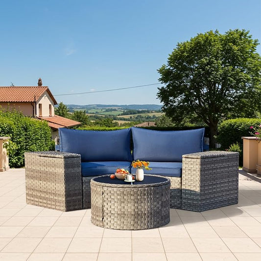 ECOTOUGE Outdoor Patio Furniture, 5 Piece Half-Moon Sectional Round Patio Set, Wicker Lazy Outdoor Sofa Set with Storage Side Table & Coffee Table for Pool Backyard Patio Garden(Blue)