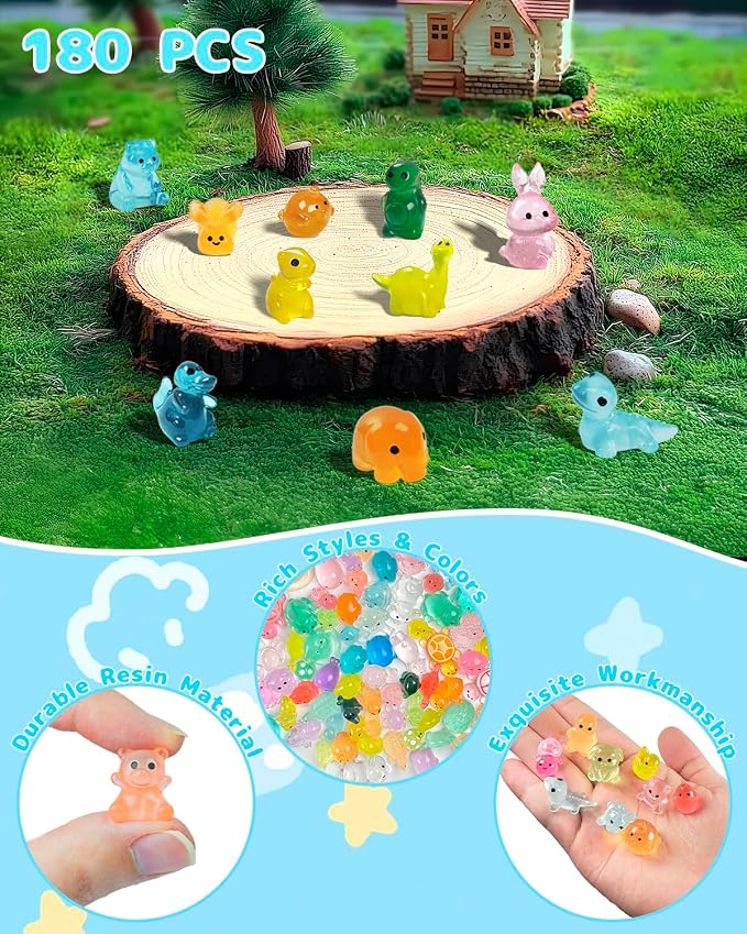 Piemow 180 Pcs Mini Resin Animals Kit, Luminous Landscape Figurines Decor | Tiny Resin Animals Gifts for Aquarium Fairy Garden Bonsai