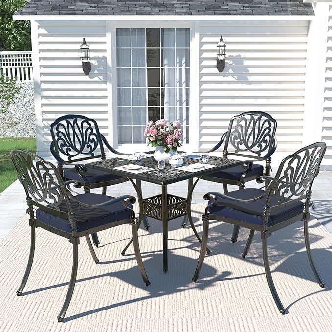 MEETWARM 35.4" Square Patio Dinning Table, Outdoor Cast Aluminum Dinning Large Table with 2.2" Umbrella Hole, Dark Bronze