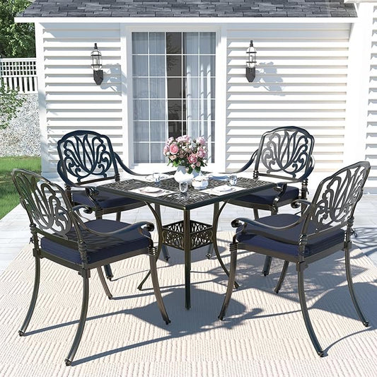 MEETWARM 5-Piece Outdoor Patio Dining Set, All-Weather Cast Aluminum Patio Conversation Set for Backyard Garden Deck with 4 Chairs, 4 Cushions and 35.4" Square Table, 2.2" Umbrella Hole, Navy Blue