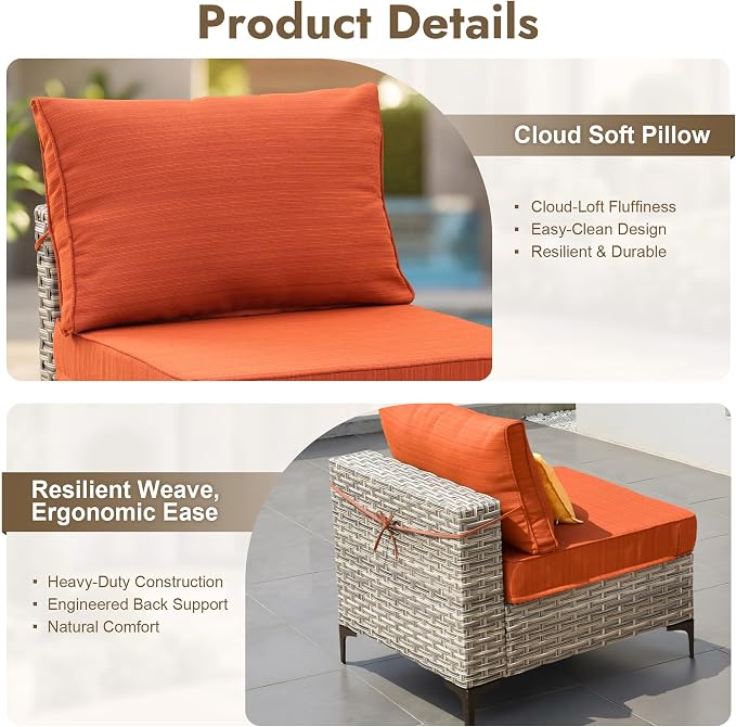 5 Pieces Patio Furniture Set with Solar Light Coffee Table, All-Weather Wicker Outdoor Sectional Conversation Sets L Shaped Sofas for Outside Porch Balcony Backyard Orange