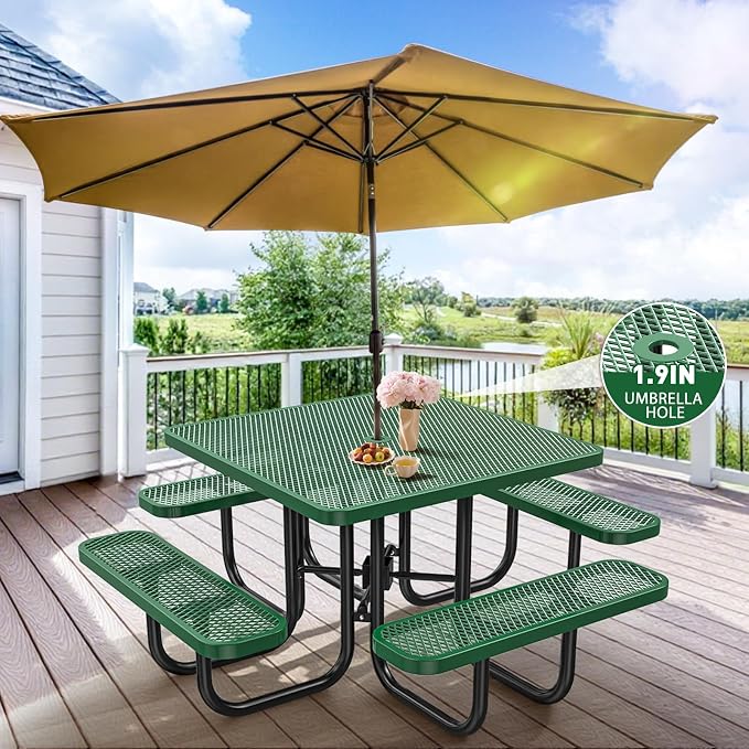 46IN Square Metal Picnic Table Set with Umbrella Hole and 4Benches for Outdoor, Expanded Heavy Duty Metal Commercial Grade Patio Dining Furniture for Yard Patio Lawn Party Coffee, Green