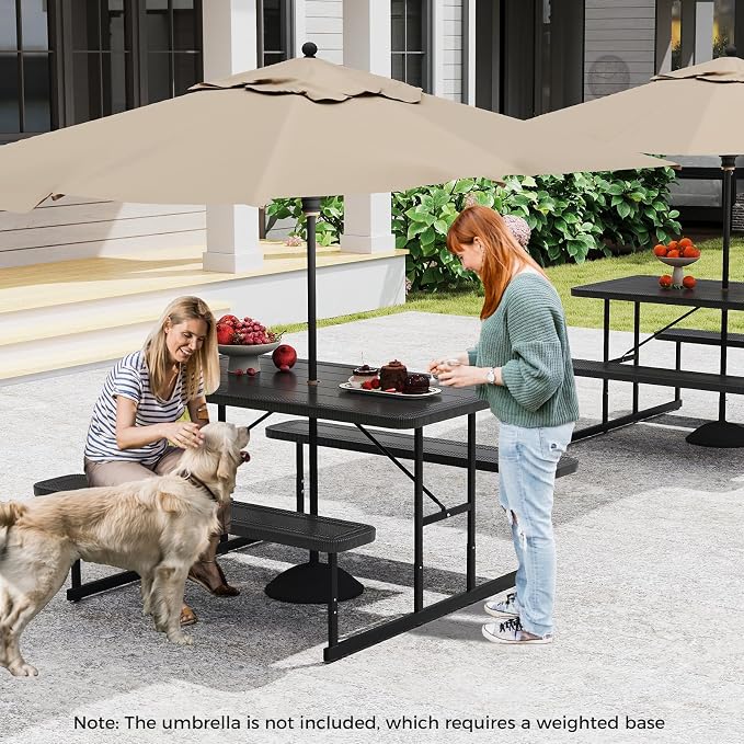 LDAILY Picnic Tables with Benches, Rectangular Dining Table Set for Outside 4 People, HDPE Tabletop, Metal Frame, Umbrella Hole, Heavy Duty Picnic Table for Outdoors, Patio, Lawn, Commercial (Black)