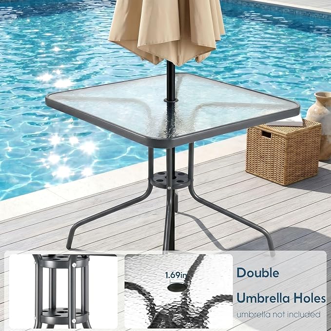Arlopu 5 Piece Outdoor Patio Dining Set (Umbrella not Included), Porch Furniture with 4 Textline Chairs, 1 Square Glass Table for Garden, Backyard and Poolside, Lawn (Blue)
