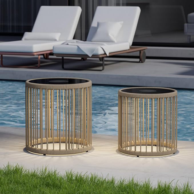 Outdoor Side Tables with Solar Lights, Metal Patio Table Set of 2, Outdoor Led Tables Weather Resistant for Garden, Poolside, Backyard, Gray