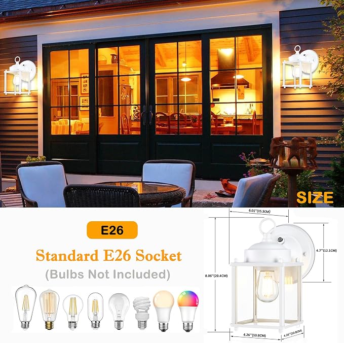 Outdoor Wall Light, Porch Lamp, Dusk to Dawn, White | Exterior Wall Sconce Fixture for House, Garage, Patio, Rustproof Waterproof, Metal Housing with Glass, E26 Base, 4 Pack