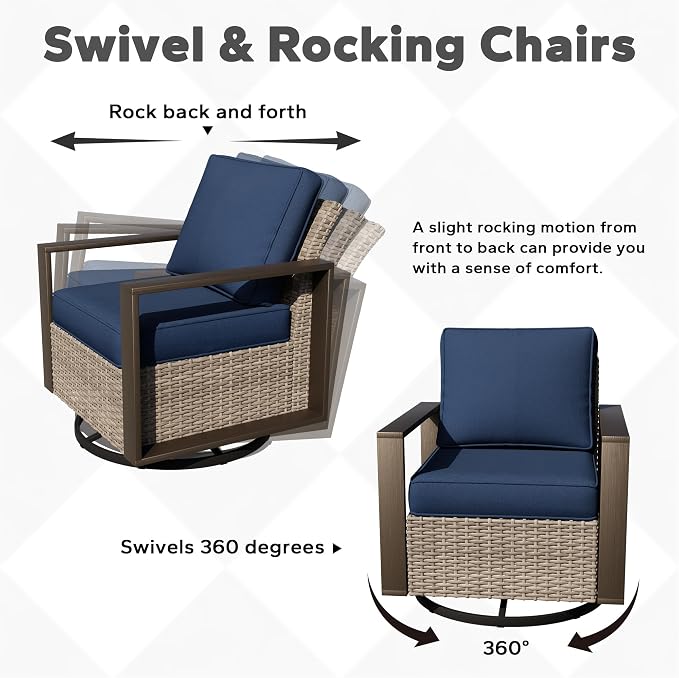 Outdoor Patio Swivel Rocker Chairs, 5 Pieces Wicker Furniture Set, 2 Swivel Rocking Chairs, 2 Ottoman and 1 Table, Metal Wide Armrest, Thick Cushions and Deep Seating for Garden, Backyard, Porch, Deck