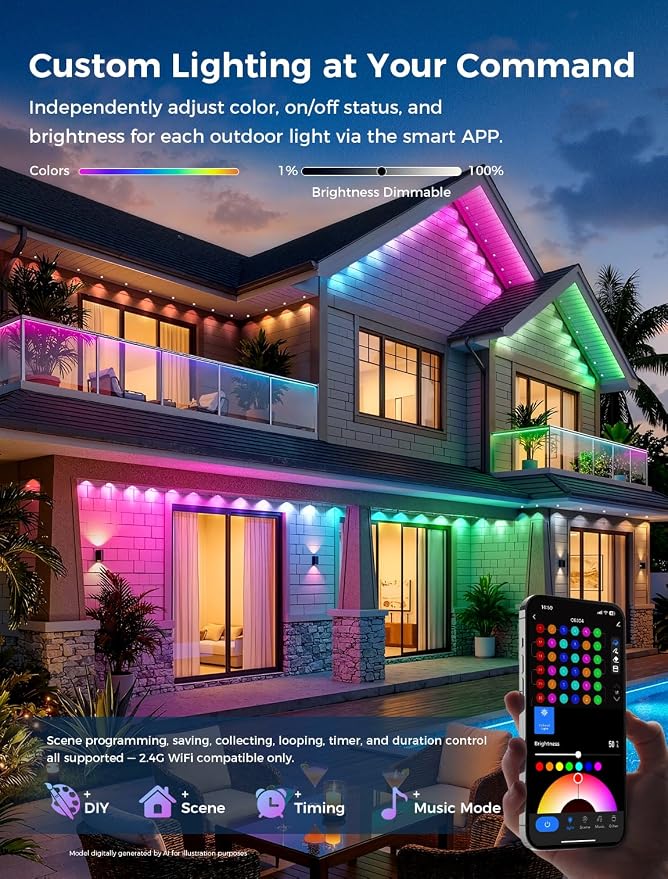 CDN House's Permanent Outdoor Lights, 100FT RGB+IC Outdoor Decor, 111 Scene Modes, 60 LED Lights with Smart APP & Remote Control, IP65 Waterproof, String Lights for Daily Holiday Decorations