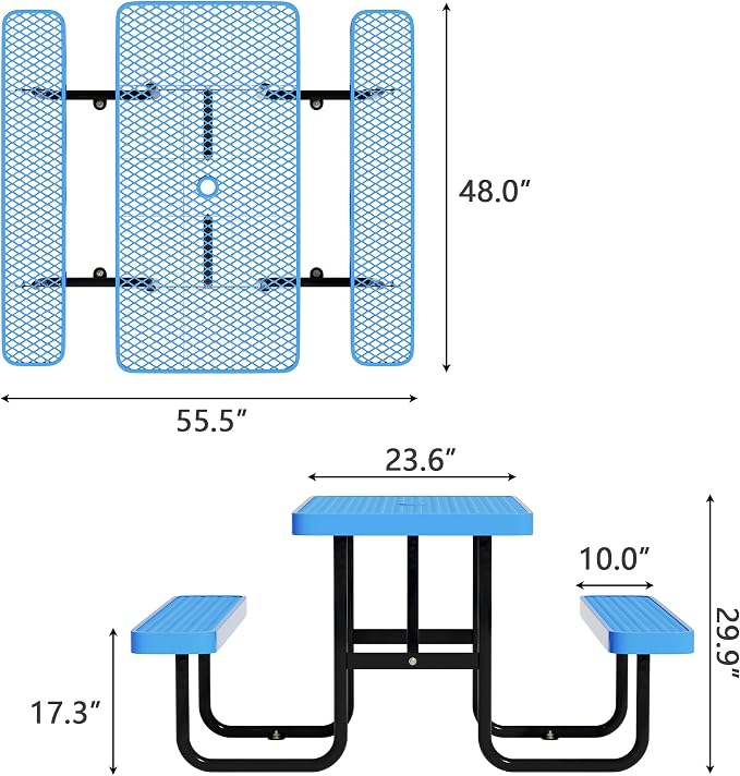 Picnic Tables for Outdoors,Commercial Metal Picnic Table Bench Set with Umbrella Hole,School Canteen Tables W/Seats - Heavy Duty Sturdy Picnic Tables Furniture for Patio Garden (Blue, 4FT)