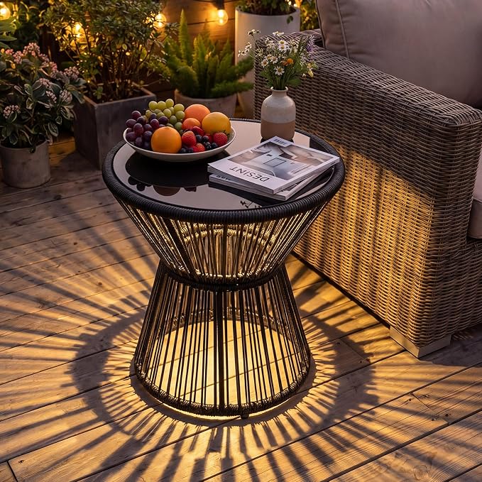 Tangkula Outdoor Side Table with LED Warm Light, PE Rattan Hourglass-Shaped End Table with Tempered Glass Top, Battery Operated Accent Coffee Table for Patio, Porch, Balcony & Living Room (2)