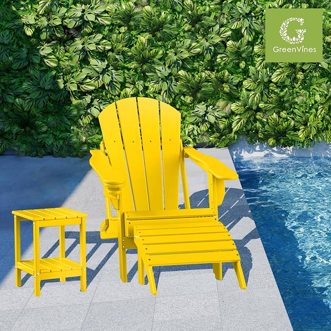 GREENVINES Adirondack-Outdoor-Side-Table | 14 x 13 Inches | HDPE Plastic | All Weather | Yellow | Outside End Tables | Storage Shelf | for Patio Porch Backyard Indoor